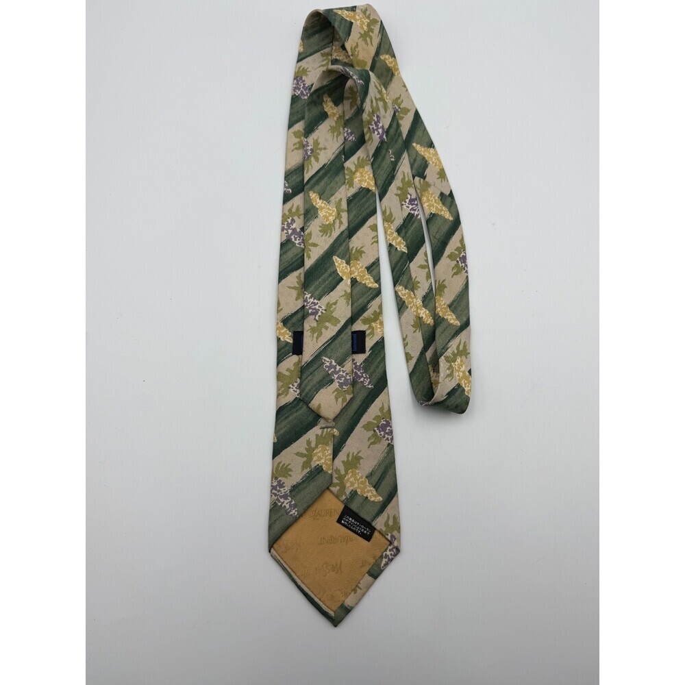 Yves Saint Laurent Necktie 100% Silk Tie Green Beige Floral Abstract Print Tie - Picture 8 of 9